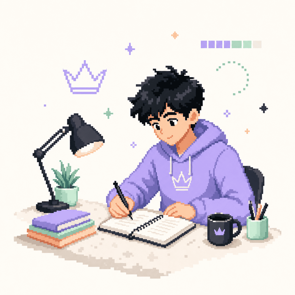 Pixel-art student studying at a desk with books, notes, and a lamp